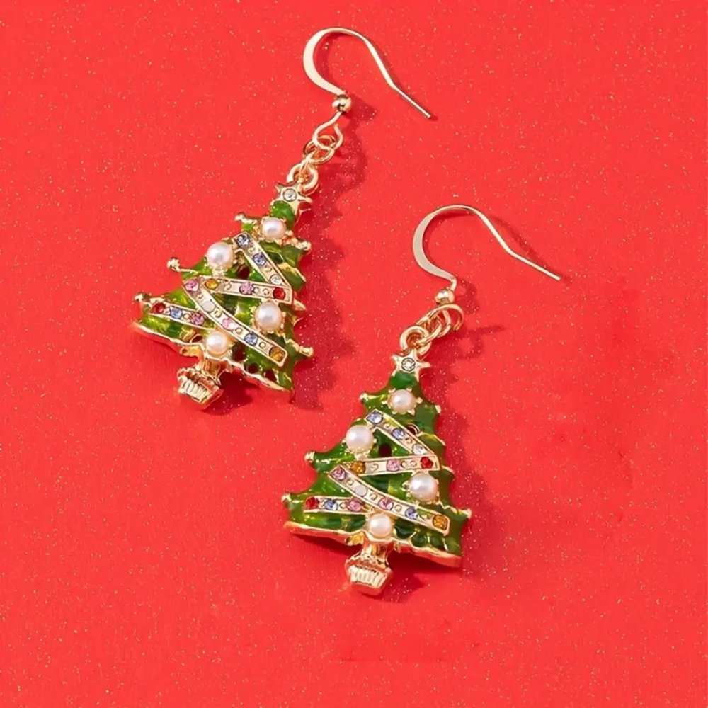 * MUST BUNDLE* gold tone pearl rhinestone Christmas tree holiday earrings